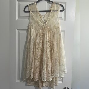 Free People “Don’t You Dare” Neutral Cream Combo Lace Trim Mini Dress Size Small